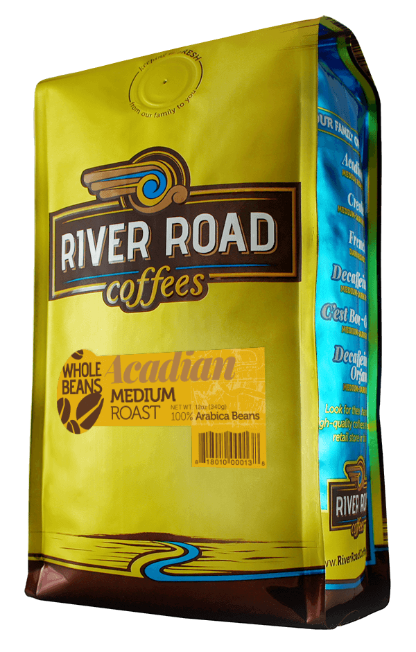 photo of bag of coffee in gold with yellow acadian whole bean coffee label